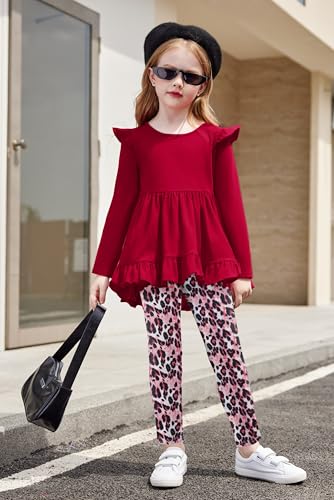 Image of Arshiner Toddler Girl Clothes Ruffle Trim Long Sleeve Pullover Top and Floral Print Leggings Fall Outfits Kids Clothing Sets