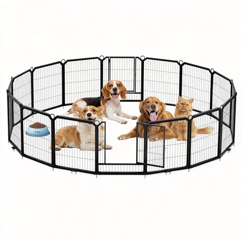 Dog Fence Indoor for Yard,16 Panel Dog Playpen with Gate, Pet Exercise Pen for Rv Camping Garden for Medium Dogs with Fixed Stakes(32 in), 32 Inch, 16
