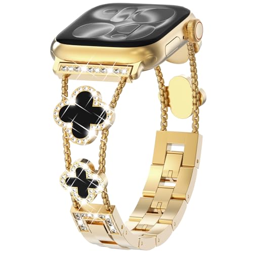 Image of CHANCHY Women Metal Strap Compatible with Apple Watch 42mm(Series 10 11) 41mm 40mm 38mm,Diamond Bling Bracelet Stainless Steel Replacement Band for iWatch SE/Series 11 10 9 8 7 6 5 4 3 2 1,Gold/Black