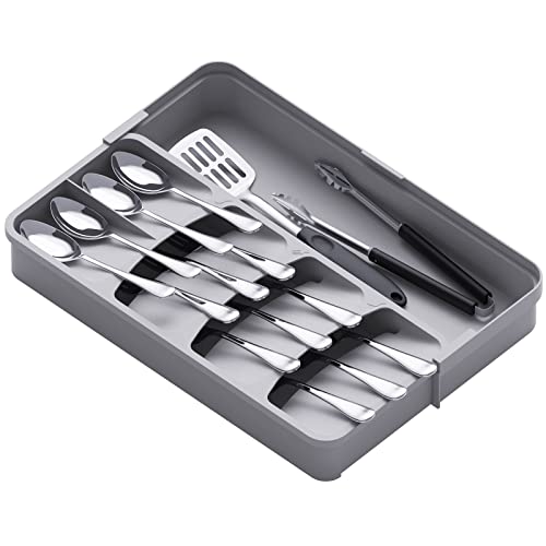 Lifewit Cutlery Drawer Organiser, Compact Utensil Tray for Kitchen, Expandable Knife and Fork Drawer Organiser, Adjustable Plastic Silverware Flatware Holder for Spoons Storage Organisation, Grey