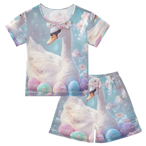 ALAZA Easter Duck Egg Flower Floral Pajamas Set Short Sleeve Cotton Sleepwear Summer Pjs 2 Piece 5-14Y