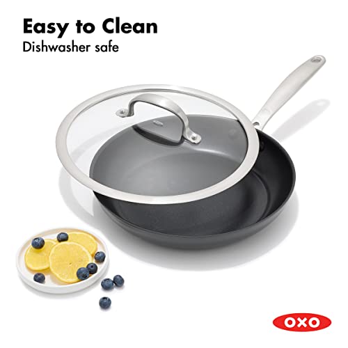 Image of OXO Good Grips Pro 11 inch Frying Pan Skillet with Lid, 3-Layered German Engineered Nonstick Coating, Dishwasher Safe, Oven & Broiler Safe, Stainless Steel Handle, Black