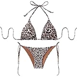 ZXTGBQ Bikini Sexy con Estampado de Leopardo para Mujer con Tirantes Triángulo de Copa con Tirantes de Espagueti Traje de baño de Dos Piezas con Lazo Lateral