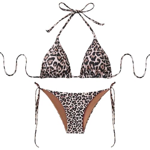 ZXTGBQ Maillot de Bain pour Femme Sexy à Imprimé Léopard 2 Pieces Halter Triangle Bikini String...