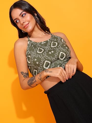 Image of Yash Gallery Women's Regular Fit Cotton Geomatrical Handblock Printed Freesize Backless Sleeveless Blouse