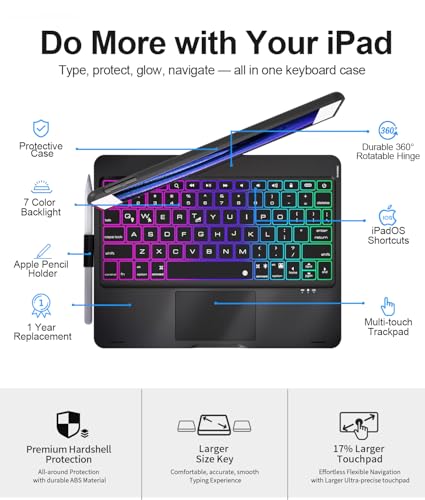 Image of Baisla iPad 9th Generation Case with Keyboard 10.2 inch (2021), 360 Rotatable with Trackpad & Rainbow Backlit, iPad Keyboard case for 9th /8th /7th, iPad Air 3, iPad Pro 10.5 (Black)