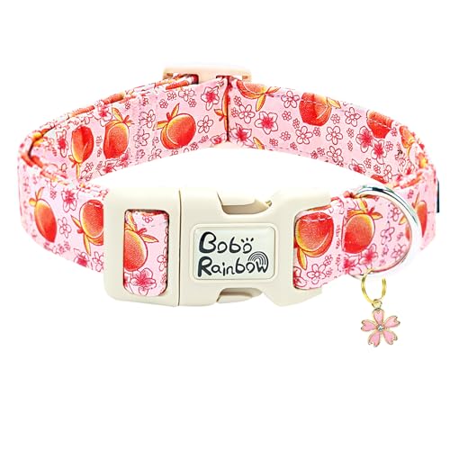 Image of Pink Peach Print Dog Collar with Bow for Large Dogs | Daily Walks,Garden Photoshoots,Spring Picnic,Adjustable,Cotton,Removable Bowtie,Heavy Duty Metal Buckle,Female Dog