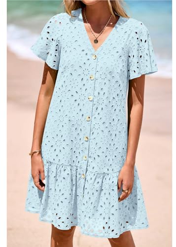 Image of KIRUNDO Eyelet Dresses for Women Button Down Mini Babydoll