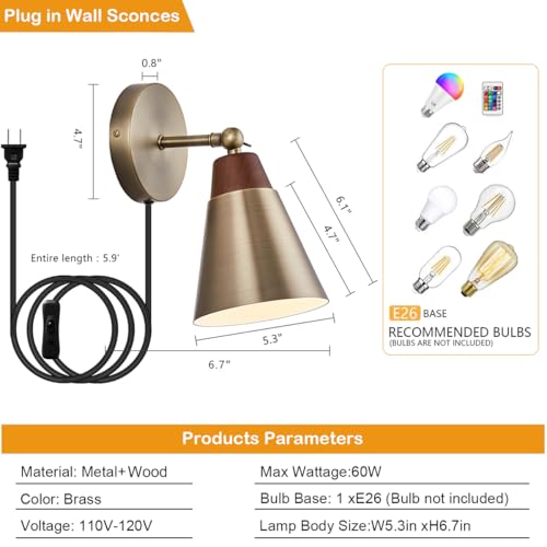 Image of Wall Sconce Set of 2, Wall Sconce with Metal Shade, Plug Switch, Indoor Decor Wall Mount Swing Arm Lamp for Bedroom,Hallway,Living Room,Reading, Vintage Brass