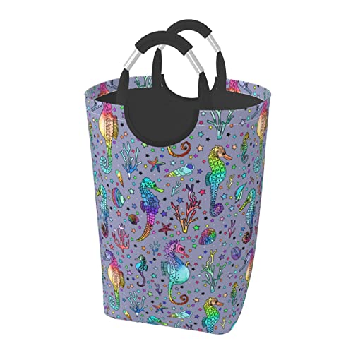 カラフルな海洋生物 ランドリーバスケット 洗濯ボックス 収納袋 大容量 折りたたみ 持ち運び可能 撥水 取っ手付き 適した ホテル ユーティリティルーム トイレ キッチン(50l 32*28*57.5cm)