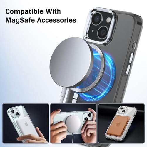 Image of TheGiftKart Hybrid Back Cover Case for iPhone 15 / iPhone 14 Compatible with MagSafe | Built-in Stand | Shockproof Hard Back Case Cover for iPhone 15 / iPhone 14 (PC & TPU, Clear Back, Black Sides)