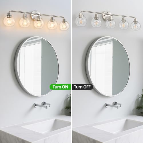 Image of Bathroom Light Fixtures 5 Light Brushed Nickel Vanity Light Silver | Modern Wall Sconces Lighting Bathroom Lights with Glass Shade Bath Wall Lights for Mirror Kitchen Living Room Hallway 34.5 inch