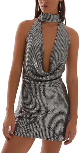 Y2k Sequin Beaded Halter Dress for Women Sexy Sparkle Backless Mini Scarf Dress Embellished Rhinestone Club Dresses