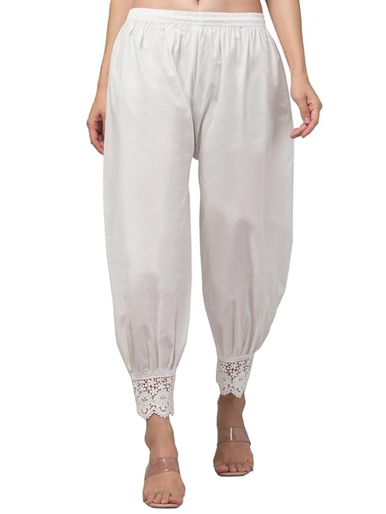 Women Loose Fit Mid Rise Afghani Salwar | Traditional Ethnic Wear |100% Cotton Fabric| Lose Fit Afghani Salwar with Lace Embroidered Detailing |Harem Pants White XL