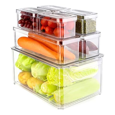 MXTIMWAN Fridge Organiser, Set of 7, Stackable Storage Box, Fridge Boxes, Containers, Kitchen Organiser with Lid and Handle for Kitchens, Fridge, Cupboards, Shelves, Bathroom, BPA Free Cover