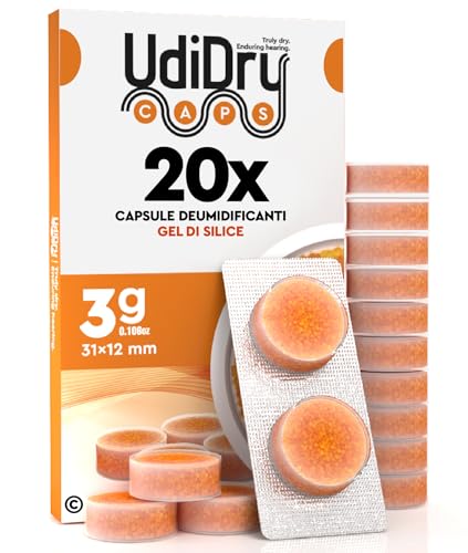 20 Capsule Deumidificanti per Apparecchi Acustici UdiDry Caps 3g 31mm con Gel di Silice Assorbi Umidità di Alta Qualità - Capsule Essiccanti con Indicatore di Colore per Asciugatura Protesi Acustiche