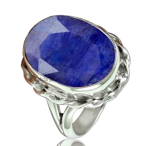 Blue Sapphire Genuine Gemstone Faceted Oval Ring, Pure 925 Sterling Silver Statement Ring, Beautiful September Birthstone Gift for Women (blue-sapphire, Size 6.5)