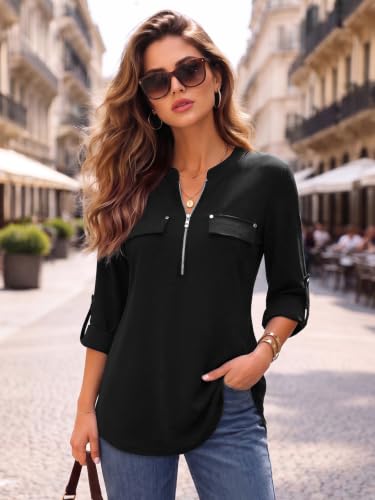 Image of Bulotus 3 /4 Length Sleeve Womens Striped Tops Zipper V Neck Collared Blouses Business Casual Tunics 2026 Spring Trendy