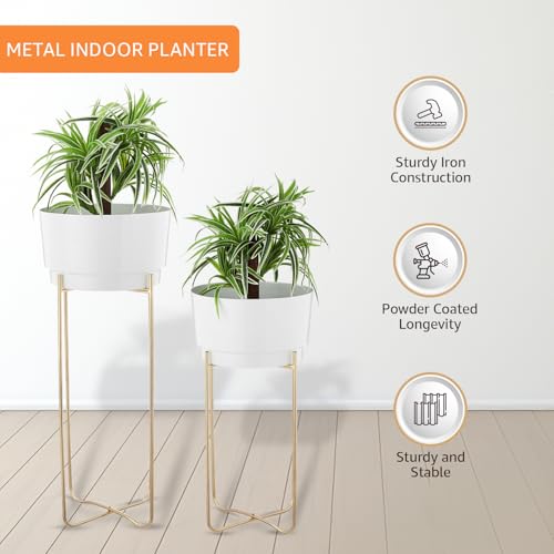 Image of amazon basics Metal Planter Flower Pot with Stand (Set of 2) | for Home Decor | (Medium) (White and Gold Finish)