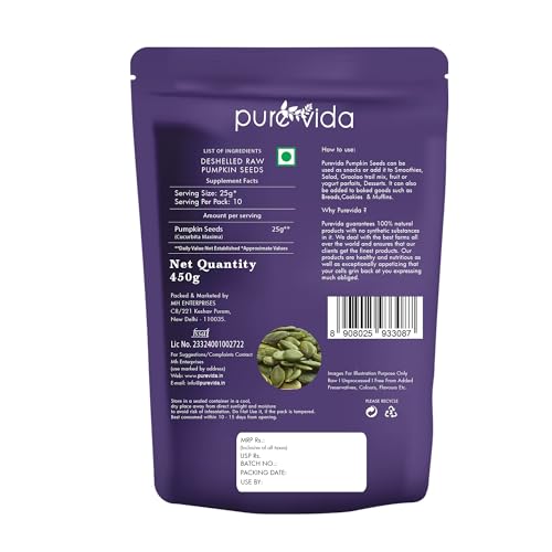Image of Purevida Pumpkin Seeds 450gm | High in Protein, Fiber & Healthy Fats | Superfood for Heart Health & Weight Management | Gluten-Free, Vegan & Natural | Perfect for Snacking, Baking, Salads & Smoothies