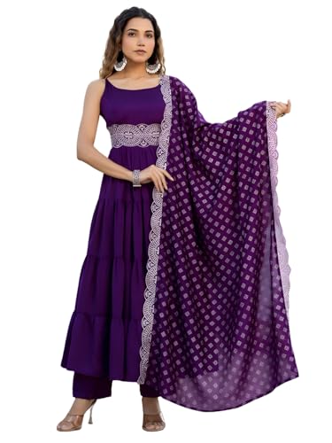 Kurta évasée en soie ensemble pantalon dupatta ethnique femme violet M