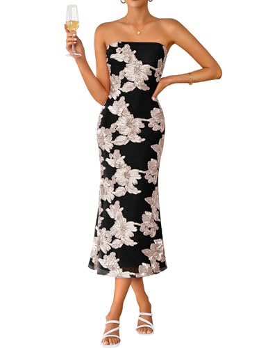 ZESICA Women's Summer Strapless Floral Midi Dress 2026 Bodycon Mesh Tube Wedding Guest Cocktail Party Formal Dresses Black Medium