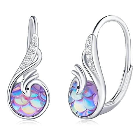 Phoenix Earrings Girls 925 Sterling Silver Fish Scales Leverback Drop Earrings Hanging Mermaid Jewellery Gifts for Women Girls Teen Cover