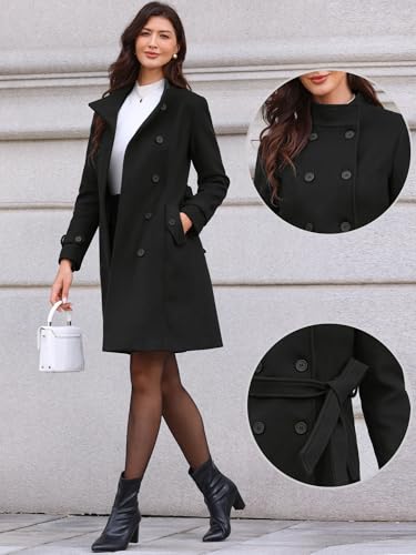 Allegra K Pea Coats for Women Stand Collar Double Breasted Trench Peacoat Long Winter Coat with Belt 20252