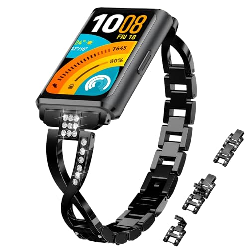#VerdientProvisionen<br>Metall Armband für Huawei Band 11/11 Pro Elegant Schlankes Einkettiges Damen Bling Strass Edelstahl Band Ersatzarmband für Huawei Band 11 Pro Schwarz