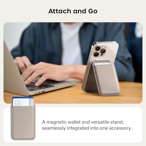 Image of Satechi Magnetic Magsafe Wallet, Double Flap Stand Card Holder, 4 Slots with Front NFC Pass-Through, Adjustable Phone Attachment for iPhone 17 /16 /15 /14 /13 /12, Travel Accessory, Taupe, 4in x 2.5in x
