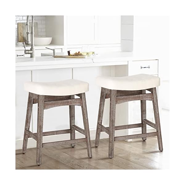 MAISON ARTS Counter Height Bar Stools Set of 2 for Kitchen Counter Solid Wood Legs with Fabric Saddle Seat Farmhouse Barstools for 34"-38" Counter Island Upholstered Stools, 24in, Creamy White