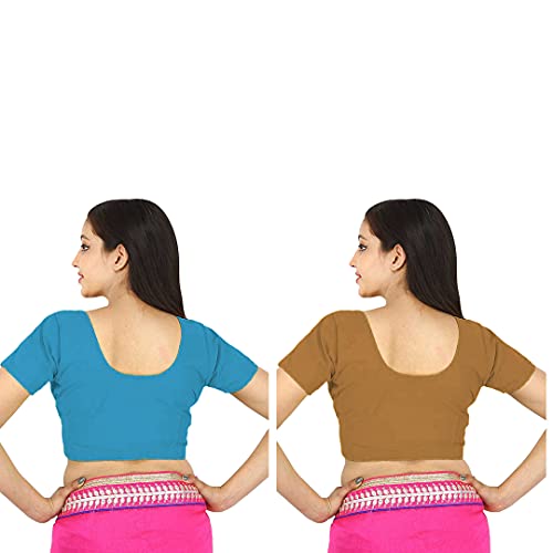 Image of Namita Women's Cotton Rubia Regular Fit Half Sleeve Readymade Blouse (U-Cot-Com-2-Cyan-Meteor-40 Cyan, Meteor 40)