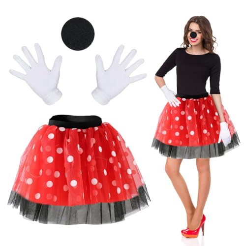 LGZIN Damen Maus Mouse Kostüm, Mouse Kostüm für Mädchen Erwachsener, Gepunkteter Tutu + Haarreifen mit Maus Ohren + Weiß Handschuhe + Schwanz...