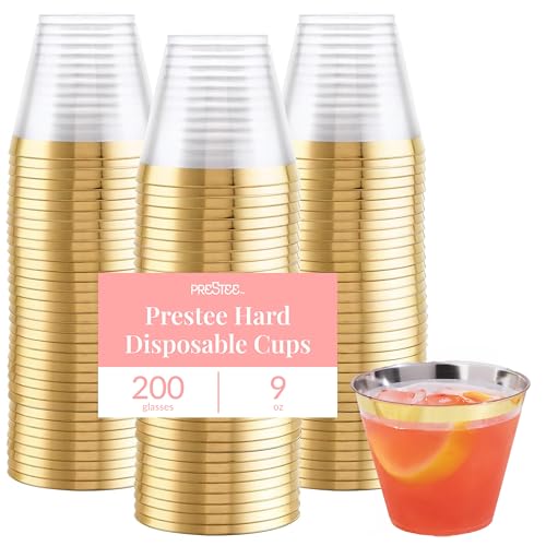 Prestee Hard Disposable Cups - Heavy Duty Fancy Plastic Cups - Plastic Cocktail Drinkware - Disposable Drinking Cup 9 oz - Bulk Drinking Glasses for Wedding - 200ct Gold Tumblers
