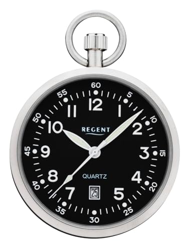 REGENT Herren Taschenuhr Edelstahl 43 MM Quarz Schwarzes Zifferblatt Arabische Zahlen Datum P-777