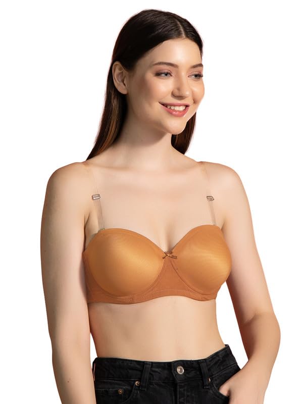 Women's Invisi Padded Underwired Full Coverage Strapless Bra with Transparent Straps in Brown-image-3