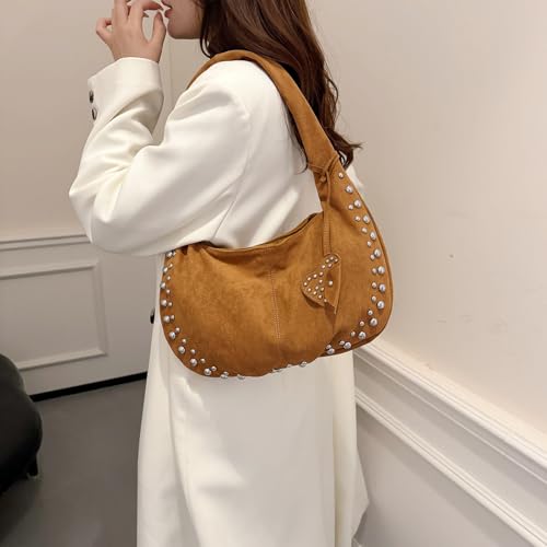 Suede Bags for Women Studded Purse Suede Handbag Y2K Fall Suede Purse Trendy Suede Shoulder Bag3