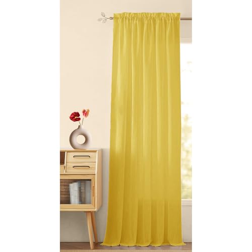 Image of HOMEMONDE Faux Linen Curtains Transparent Sun Light Filtering Drapes Hangs with Rod Pocket for Living Room, Office, Bedroom, Yellow, 1 Piece | Sheer