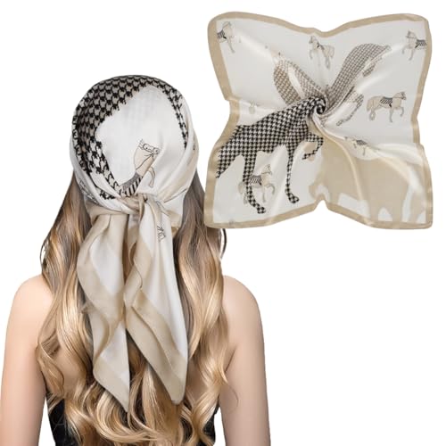 EXTREE Fashion Silky Satin Headscarf for Women Girls: Exquisite Pattern Lightweight Silk Graceful Scarfs 27.5 x 27.5 inches Houndstooth Horse Beige