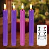 Vtobay Flameless LED Remote Advent Taper Candles with Dripping Wax Design,Pack of 4 Battery Operated Flickering Purple and Pink Plastic Timer 0.78”x 7.5” Candlesticks