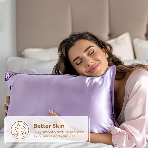 Image of Premium Satin Pillowcase Set of 2 with Eye Mask & 3 Scrunchies | Silky Soft, Anti-Frizz, Skin & Hair Care Sleep Set | Luxury Gift Combo for Women & Girls (Lavender)