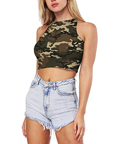 Ainuno Camo Crop Top For Women Teen Girls Army Green Crop Top Cute Cropped Y2K Tank Top Sexy Cami Cool Vest Sexy Sleeveless Shirts Woman Ladies Camouflage Printed Costume Top Fashion Yoga Top Summer #TOP2