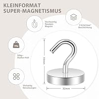 Neosmuk Magnethaken,47kg Magnet Haken Extra Stark für Spind Organizer,Neodym Magnete,Haken Magnetisch Sehr Stark für Werkstatteinrichtung,Heckzelt,Grill,Kleiderhaken,Silber – Ansicht 5