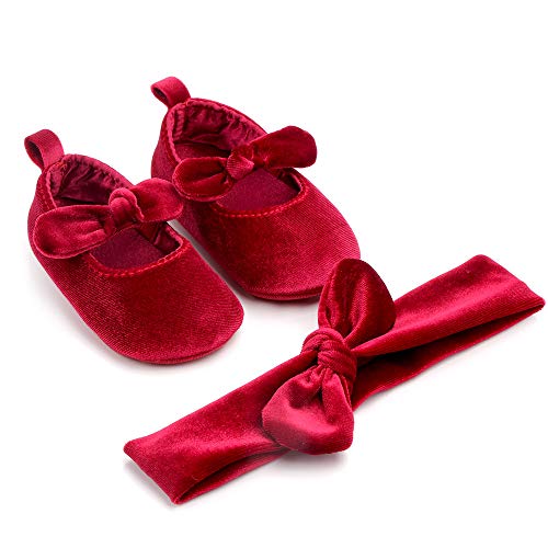 Baby Girls Princess Bowknot Shoes Soft Cloth Sole Velvet Cloth Crib Shoes+Cute Headband 2pcs Accessary (Red, 11)2