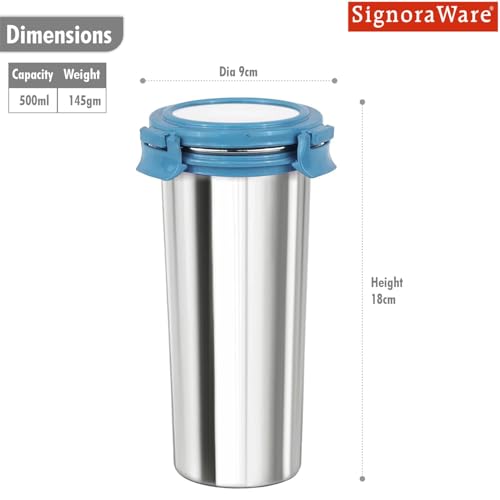 Image of Signoraware Lock N Store Stainless Steel Round Tumbler | Airtight & Leakproof | Compact Design | Easy to Clean | Ideal for Office, School, Travel, and Home Use (500ml | Eblue)