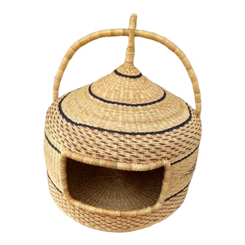 Woven Wicker Cat House, Pet Hammock for Small and Medium Cats, Large Size,Cat House Indoor Basket,African Handmade Cat Basket,Rattan Pet Basket (Medium)