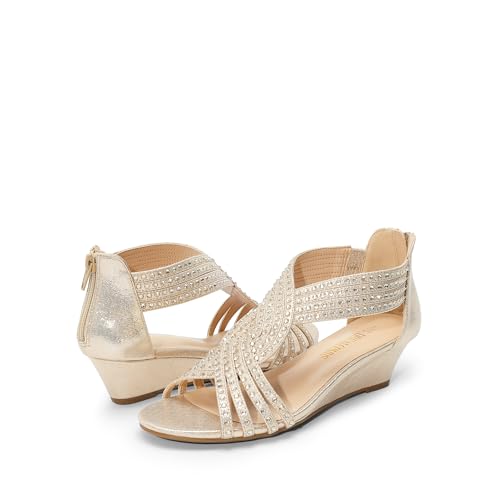 DREAM PAIRS Women's Open Toe Low Wedges Sandals, Rhinestone Strappy Zipper Dress Shoes, Summer Wedding Party Travel Shoes3