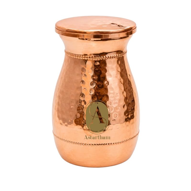 ASTARTHAM Vedic 500 ml Copper Water Bottle, 16.9 Oz Pure Copper Hammered Bottle with Lid, Reusable Drinking Water Bottle for Home, Office, Travel & Yoga