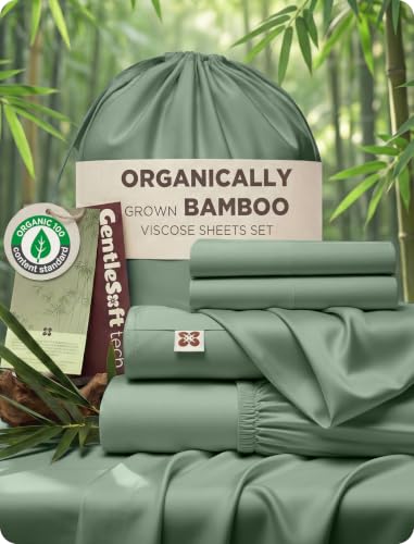 Image of Bedsure 100% Organically Grown Bamboo Viscose Queen Sheet Set | Cooling Bedsheets for Hot Sleepers | Luxury Silky Soft PureWoven | 18 inch Deep Pocket with Corner Straps | Oeko-Tex Certified [Sage Green]