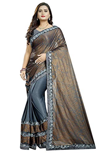 Mahalaxmi Fashion Printed Bollywood Silk Blend Ruffle Frill Saree Grey